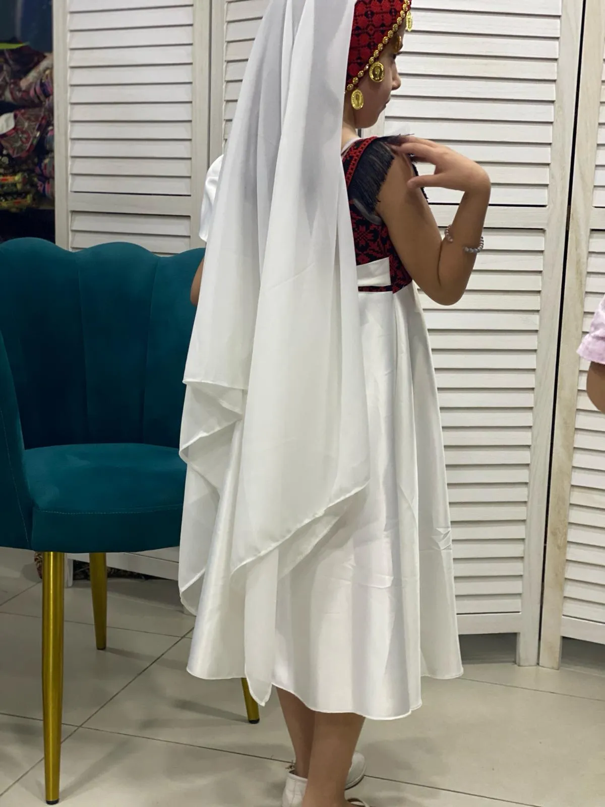 Little Girl Palestinian Embroidered White Satin Unique Design Dress