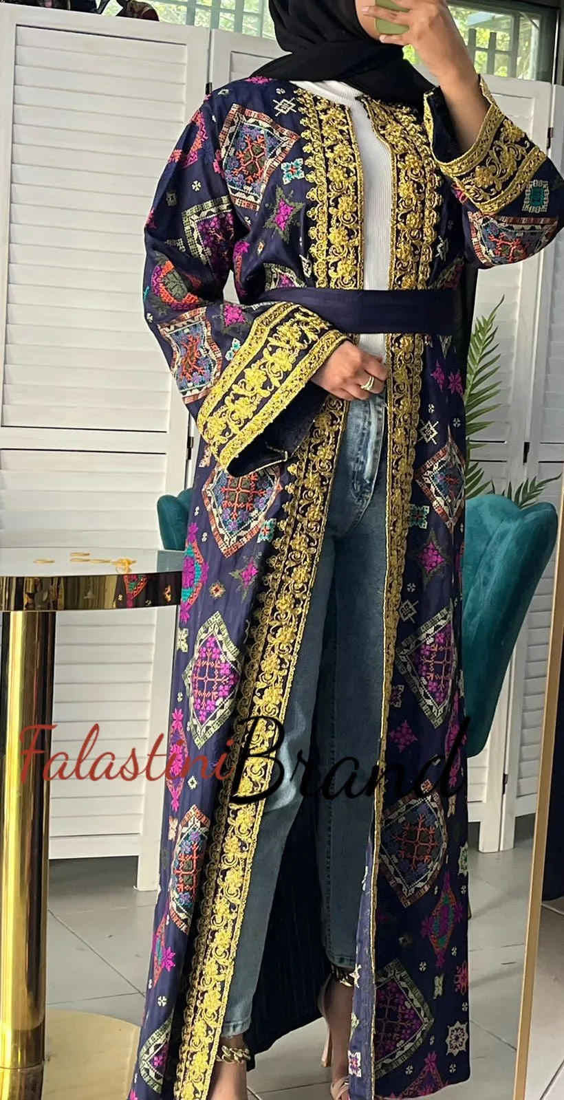 Luxurious Navy Diamond Embroidered Abaya with Golden Thread Details