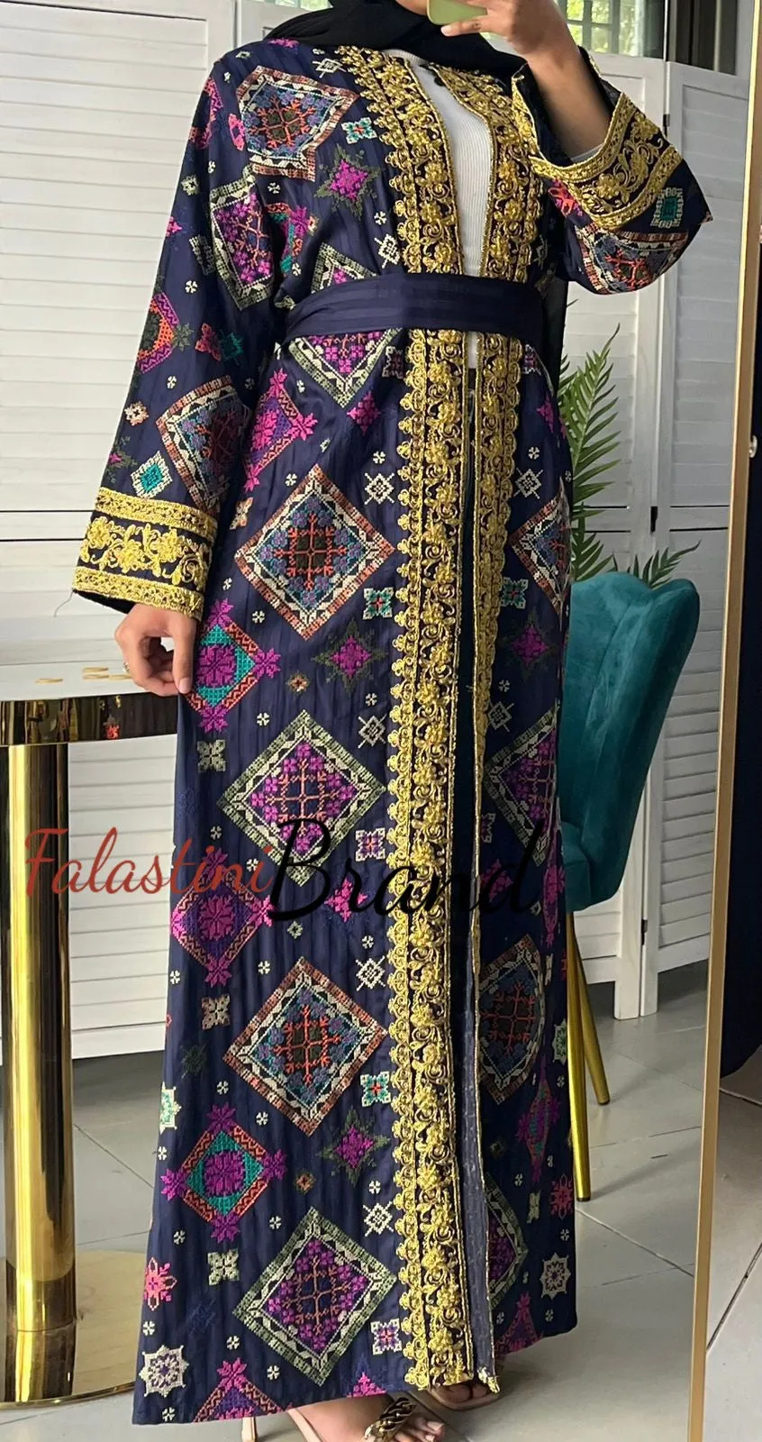 Luxurious Navy Diamond Embroidered Abaya with Golden Thread Details