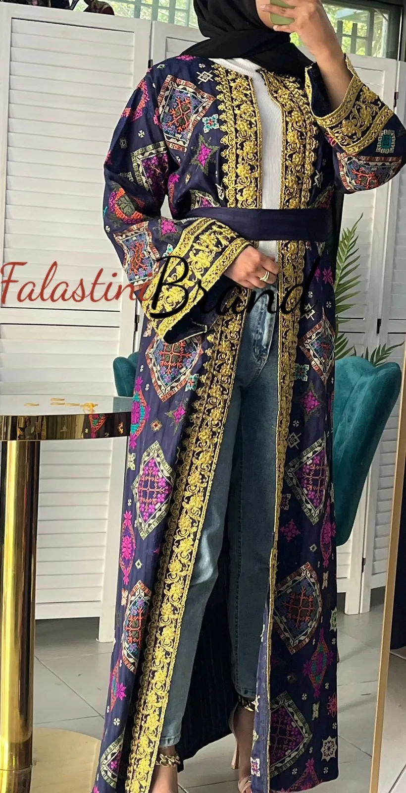 Luxurious Navy Diamond Embroidered Abaya with Golden Thread Details