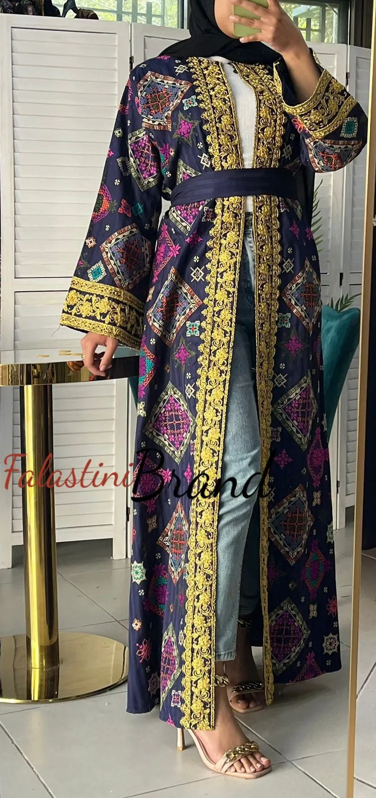 Luxurious Navy Diamond Embroidered Abaya with Golden Thread Details