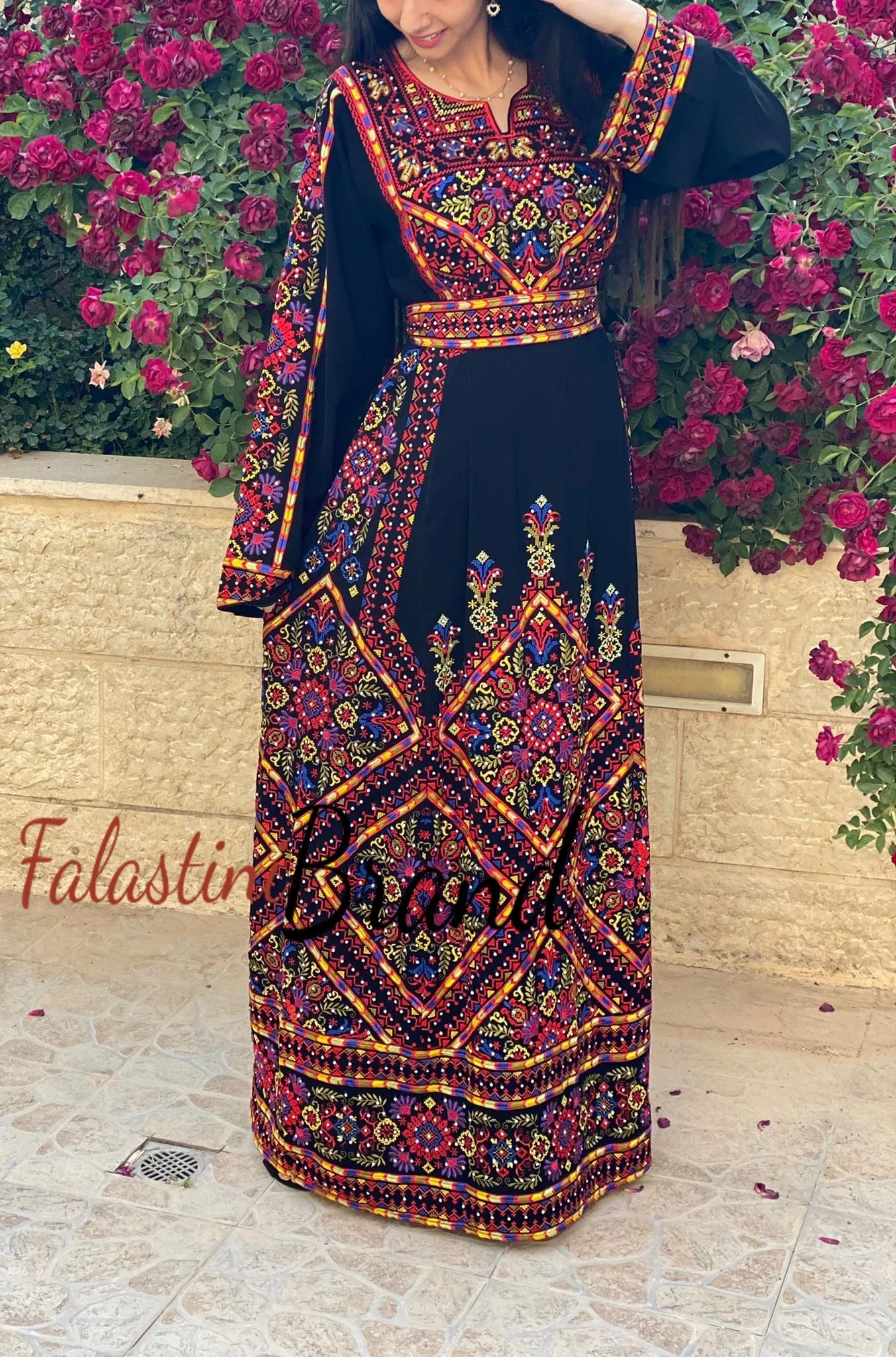 Manajil Palestinian Red Embroidered Floral Thobe Dress Palestinian Embroidery