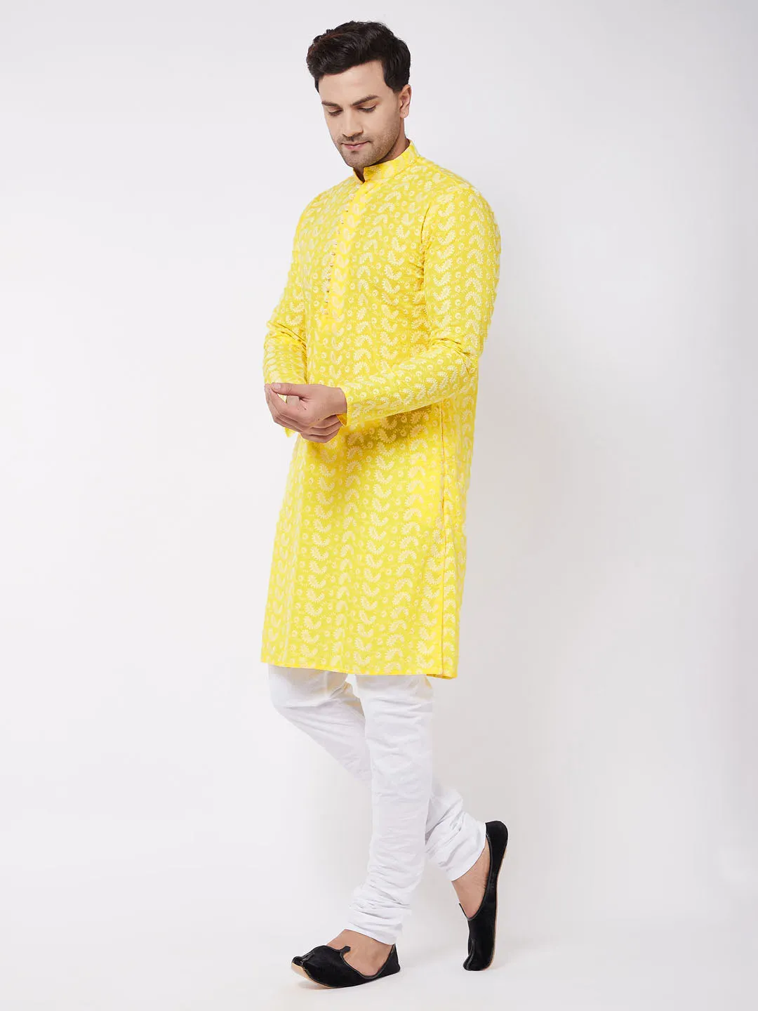 Men's Mustard And White Pure Cotton Kurta Pyjama Set - Vastramay