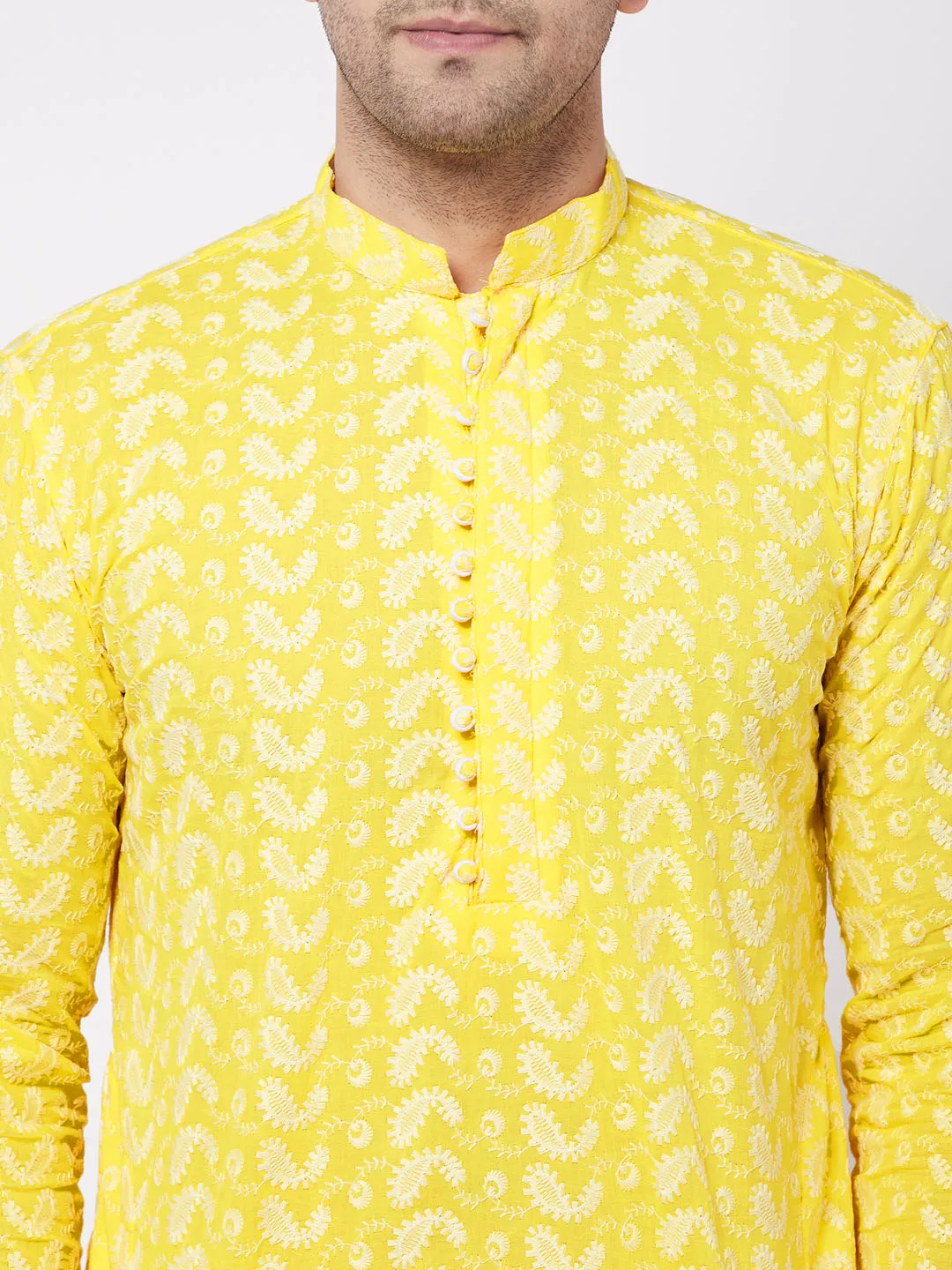 Men's Mustard And White Pure Cotton Kurta Pyjama Set - Vastramay