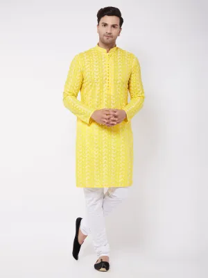 Men's Mustard And White Pure Cotton Kurta Pyjama Set - Vastramay