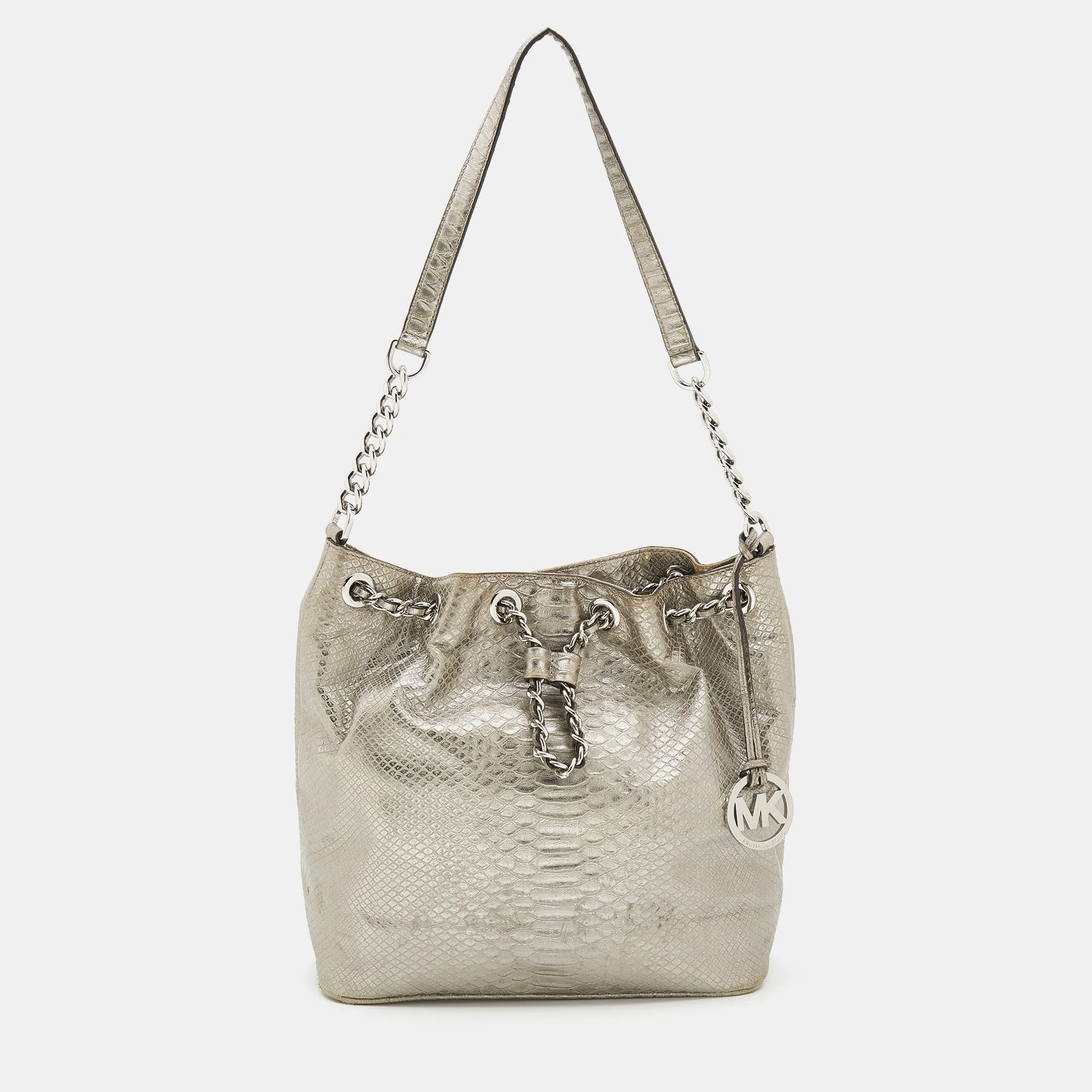 Metallic Silver Python Embossed Leather Frankie Drawstring Bag