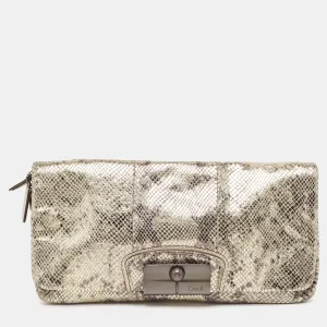 Metallic Silver/Black Python Embossed Leather Flap Clutch