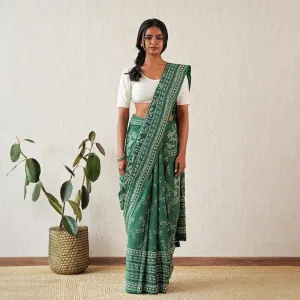 Mul Cotton Printed Saree | Green | Hand Block Print