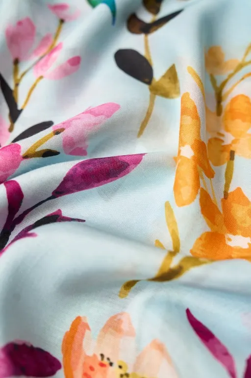 Multicolor Pink Yellow Floral Pattern Printed Natural Muslin Silk Fabric