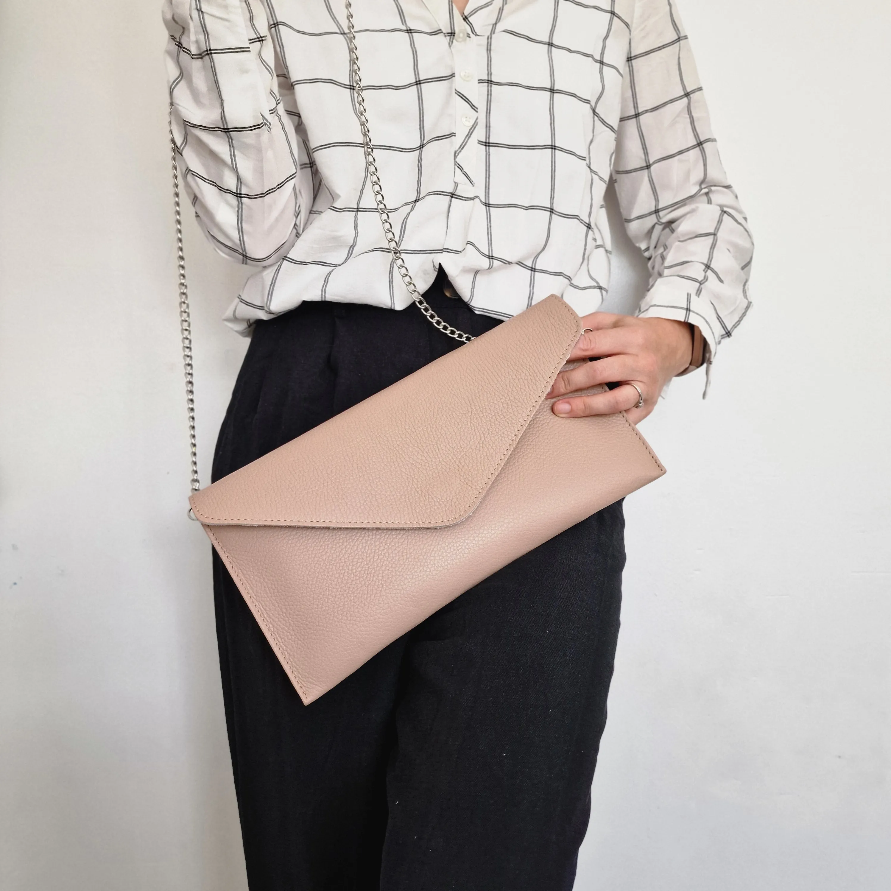 Nude Genuine Pebbled Leather Envelope Clutch