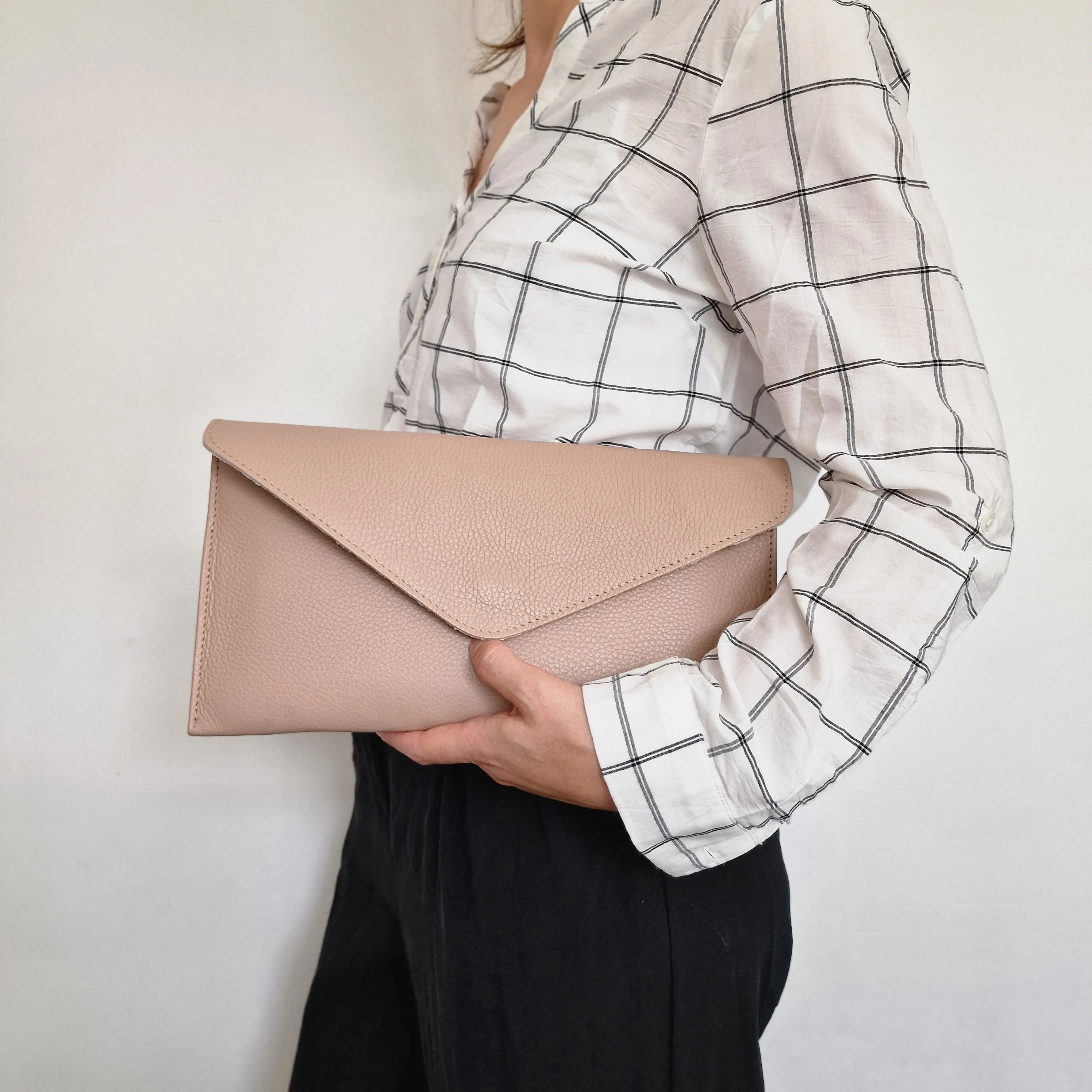 Nude Genuine Pebbled Leather Envelope Clutch