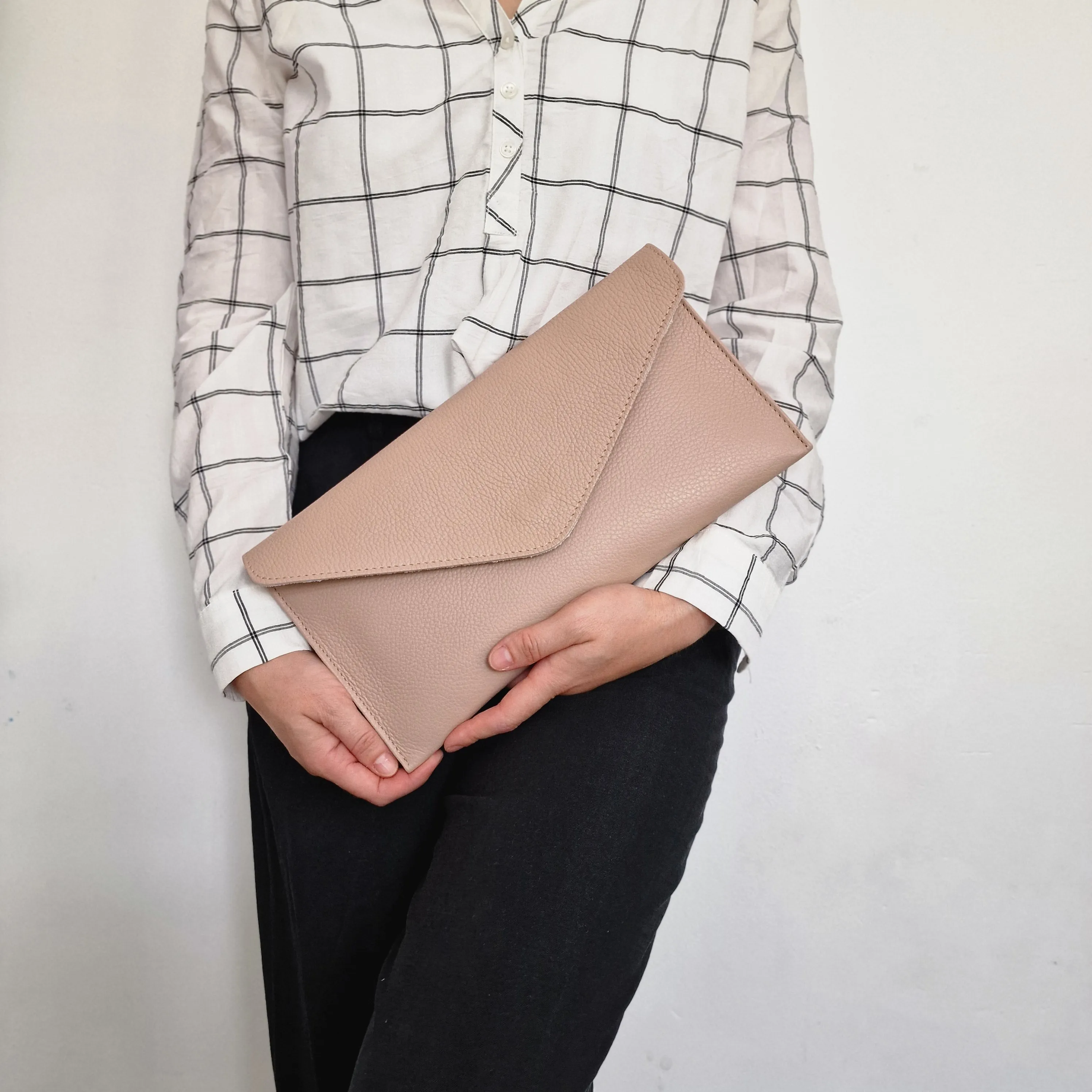 Nude Genuine Pebbled Leather Envelope Clutch