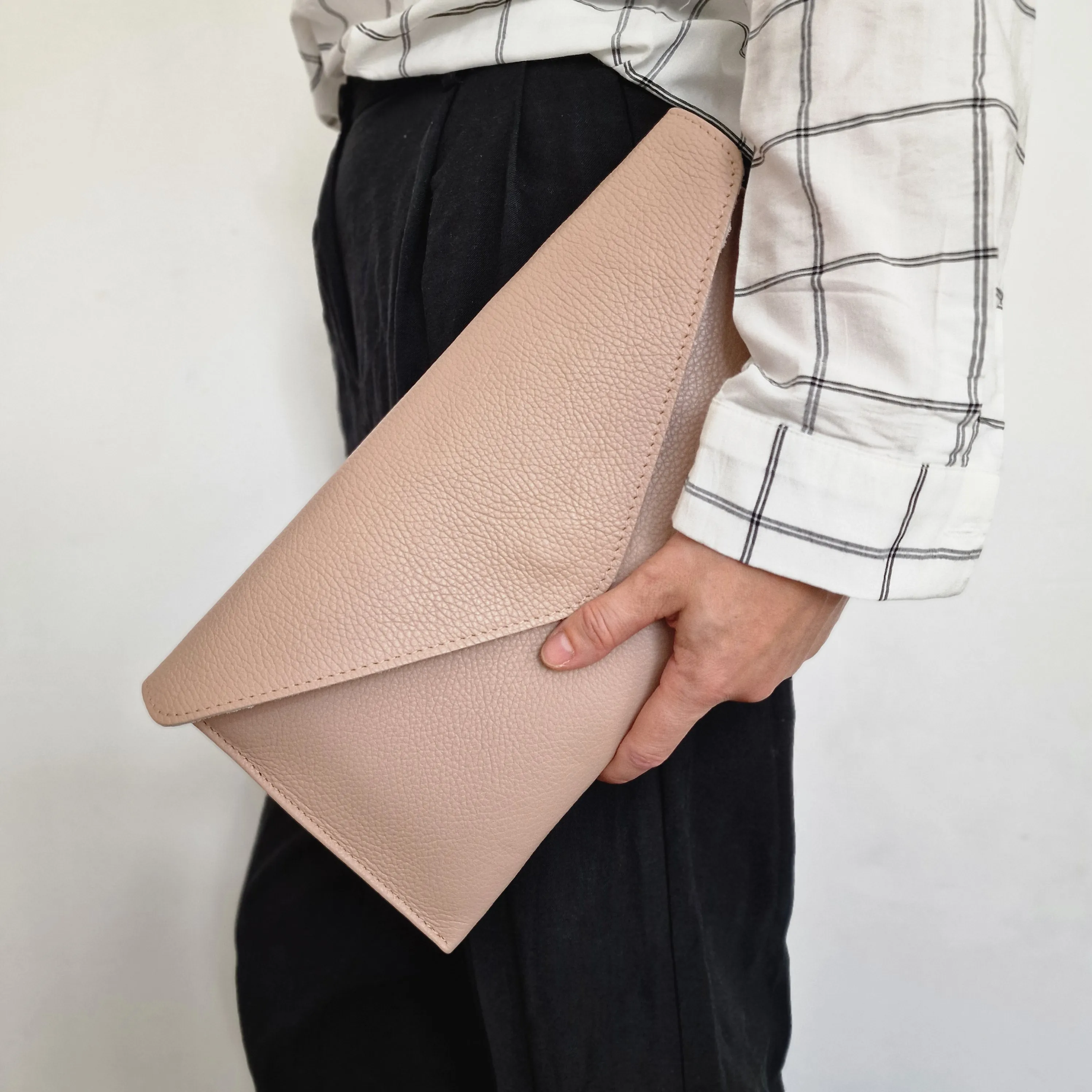 Nude Genuine Pebbled Leather Envelope Clutch