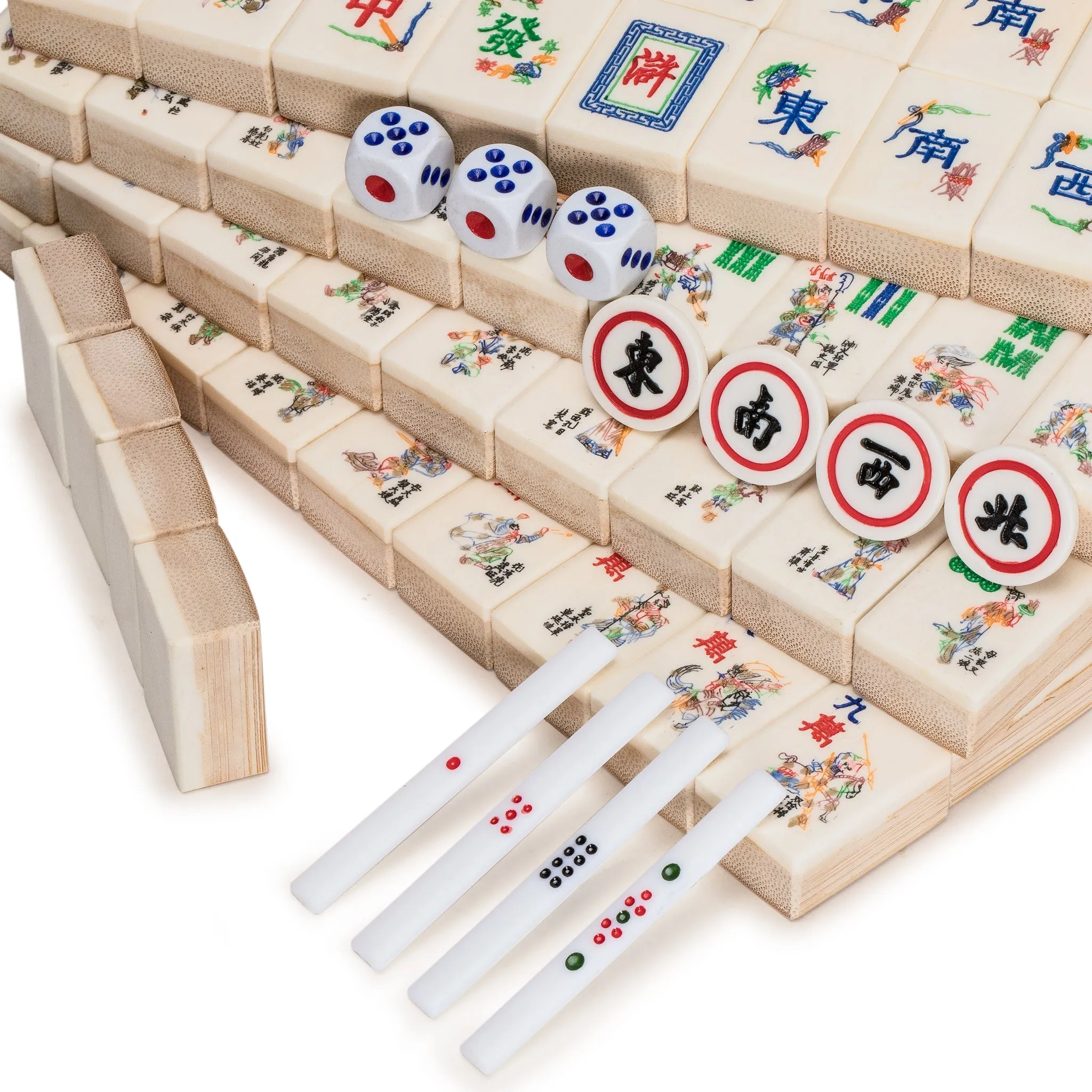 Outlaws of the Marsh Chinese Mahjong Set, "Bone and Bamboo Tiles" in Rosewood Case (The Water Margin) - Set Of Betting Sticks, Dice, & Four Wind Tiles