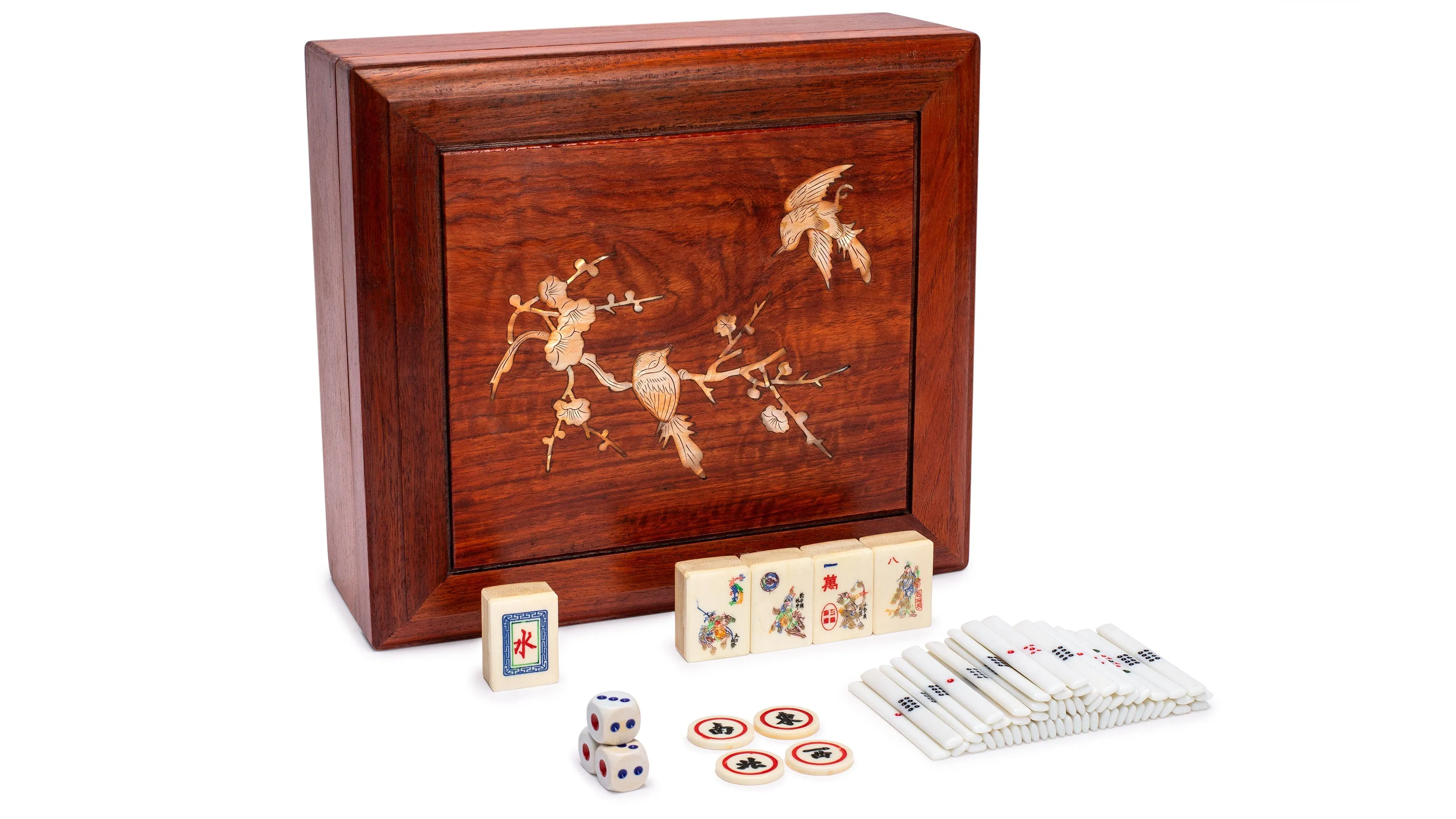 Outlaws of the Marsh Chinese Mahjong Set, "Bone and Bamboo Tiles" in Rosewood Case (The Water Margin) - Set Of Betting Sticks, Dice, & Four Wind Tiles