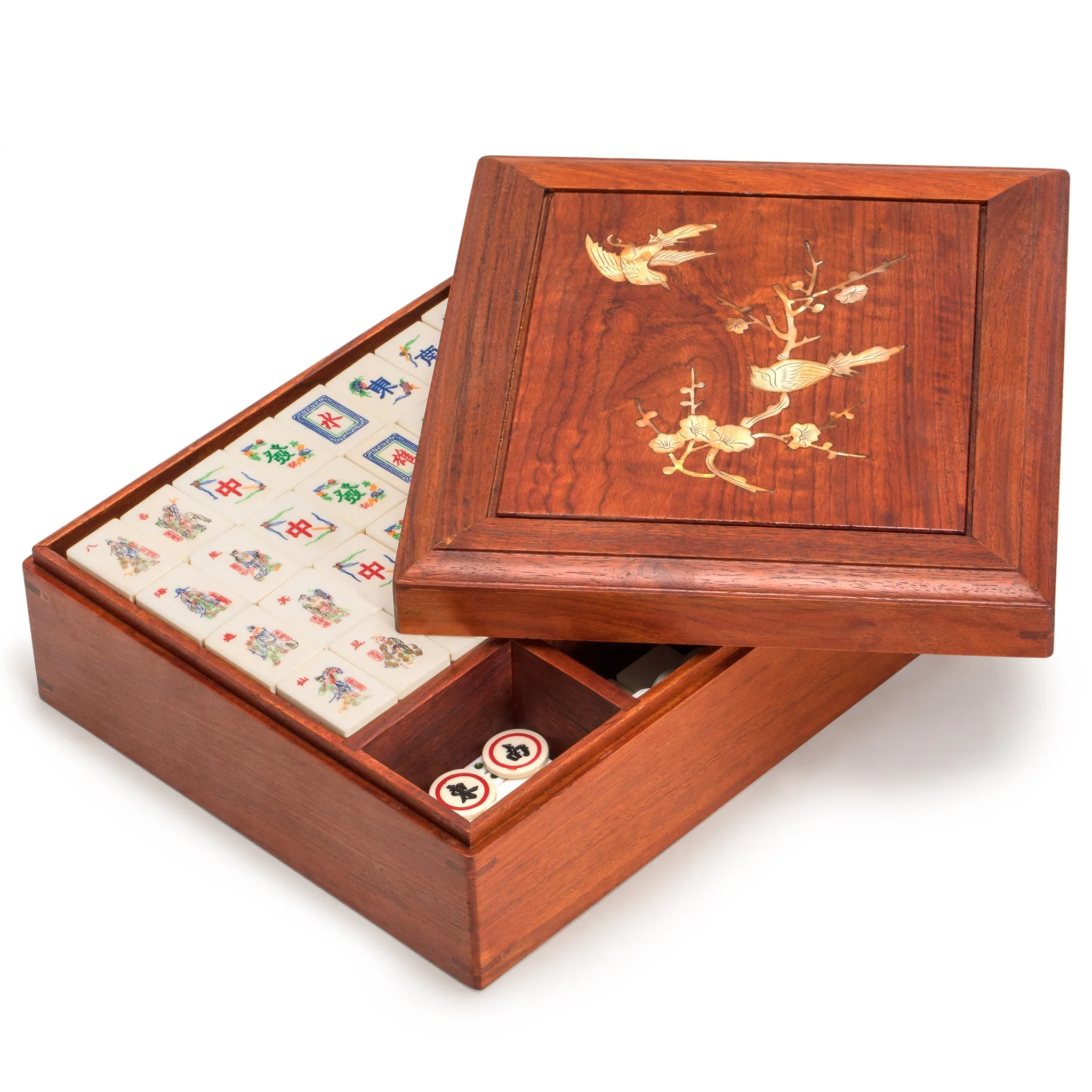 Outlaws of the Marsh Chinese Mahjong Set, "Bone and Bamboo Tiles" in Rosewood Case (The Water Margin) - Set Of Betting Sticks, Dice, & Four Wind Tiles