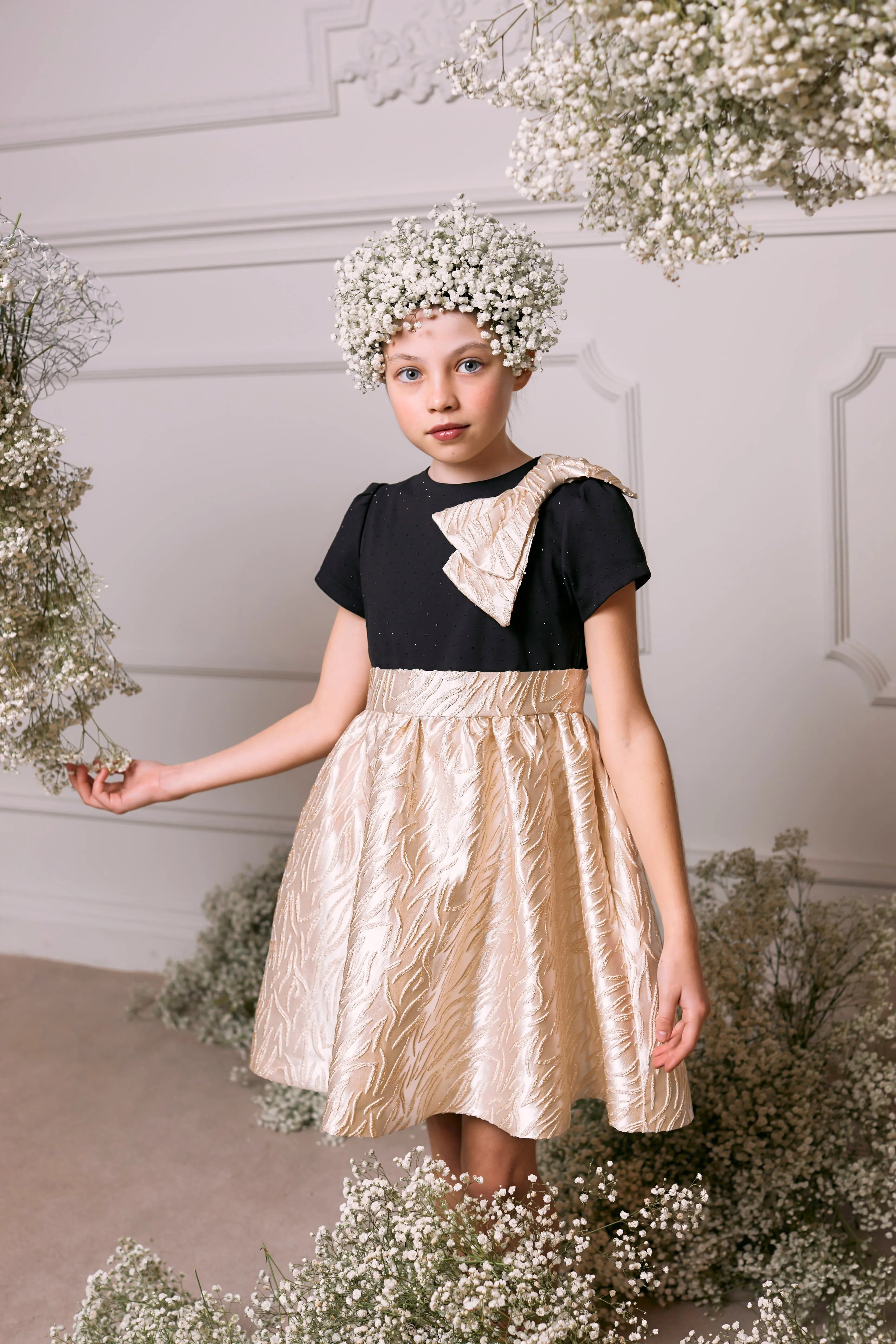 Patachou Girls Jaquard Bow Party Dress in Gold