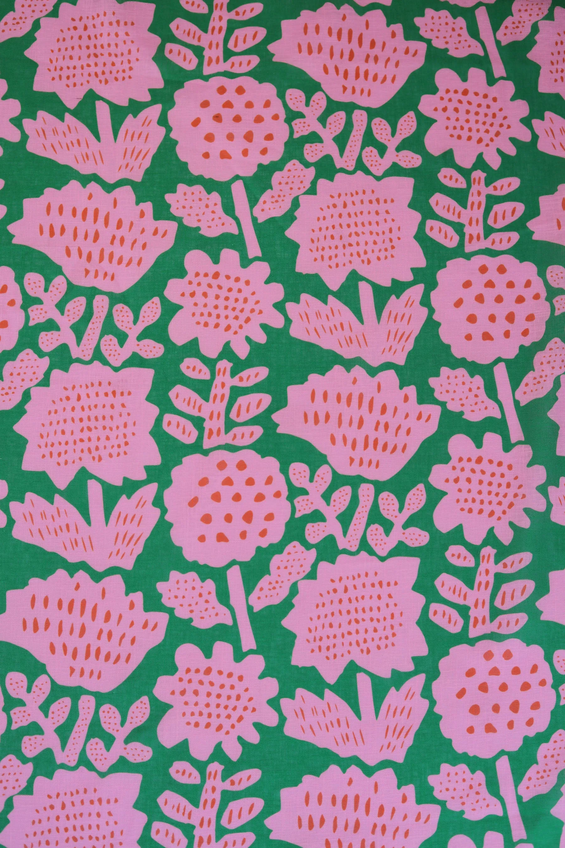 Pink and Green Geometric Floral Pattern Printed Eco Poly Linen Fabric