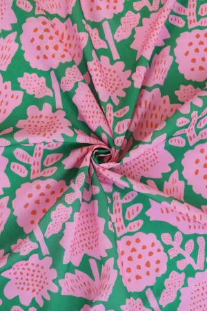 Pink and Green Geometric Floral Pattern Printed Eco Poly Linen Fabric