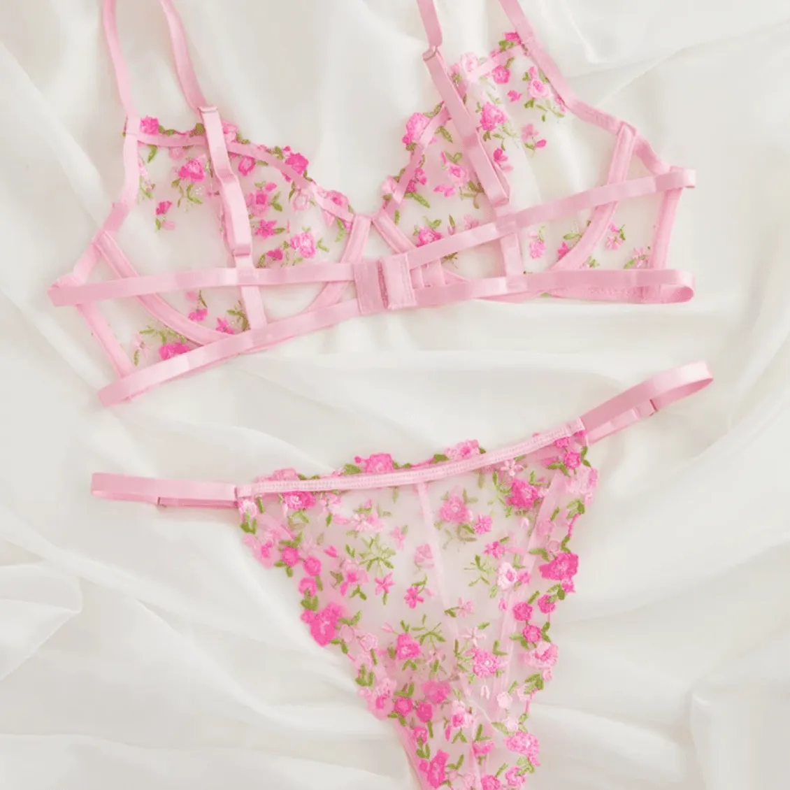 Pink Lingerie Floral Embroidered Set Sheer