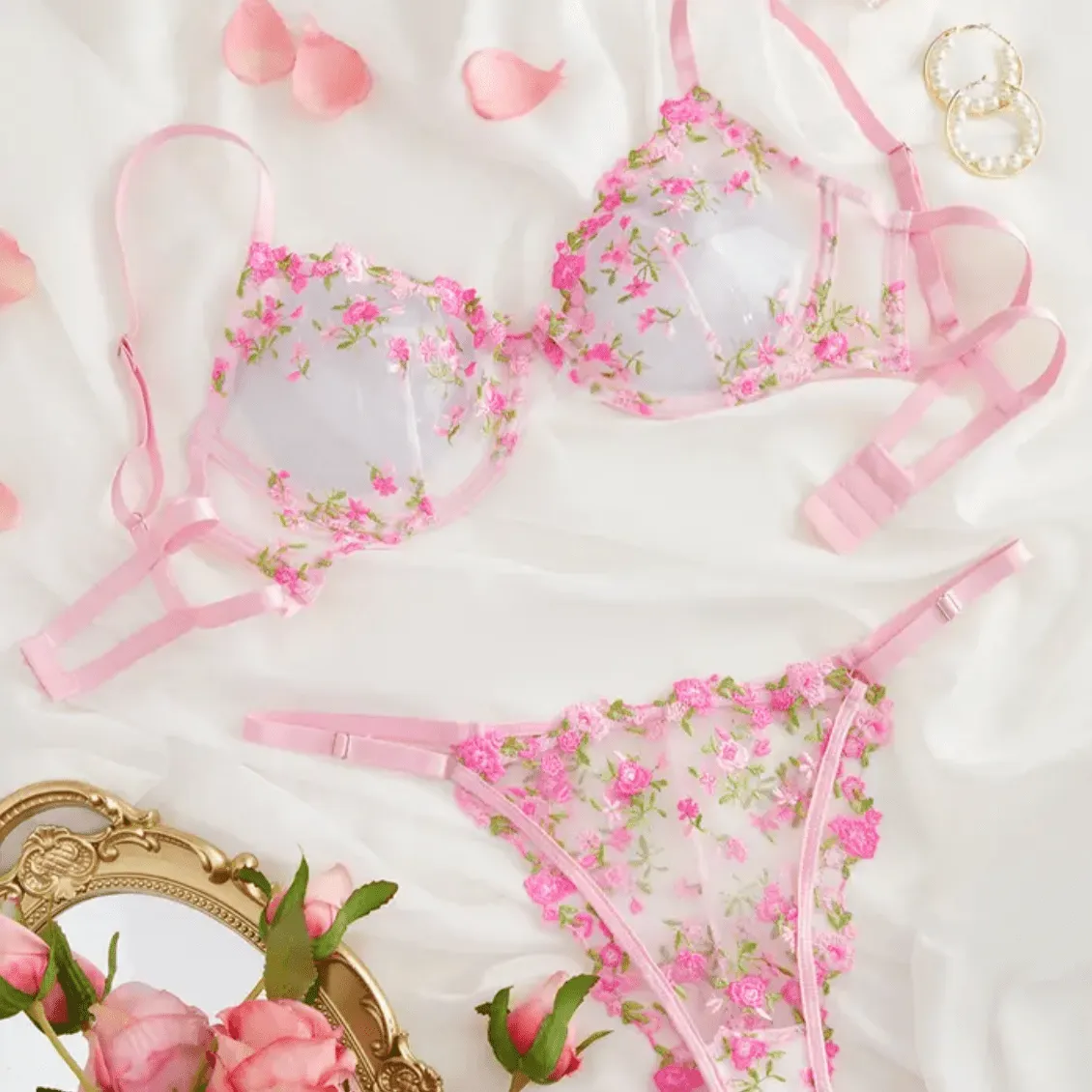 Pink Lingerie Floral Embroidered Set Sheer