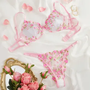 Pink Lingerie Floral Embroidered Set Sheer