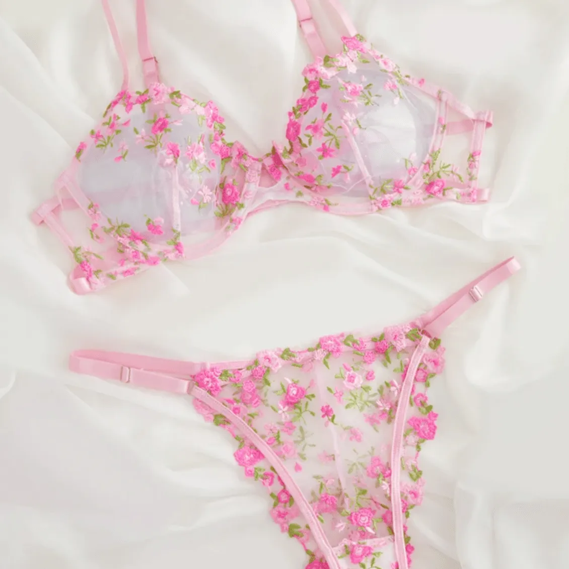 Pink Lingerie Floral Embroidered Set Sheer