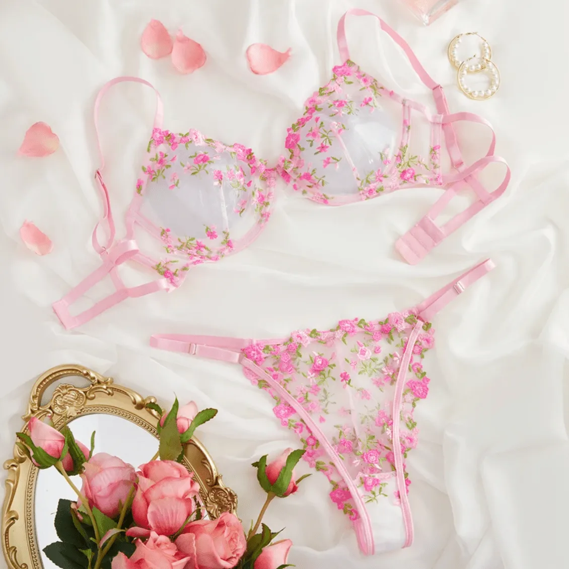 Pink Lingerie Floral Embroidered Set Sheer