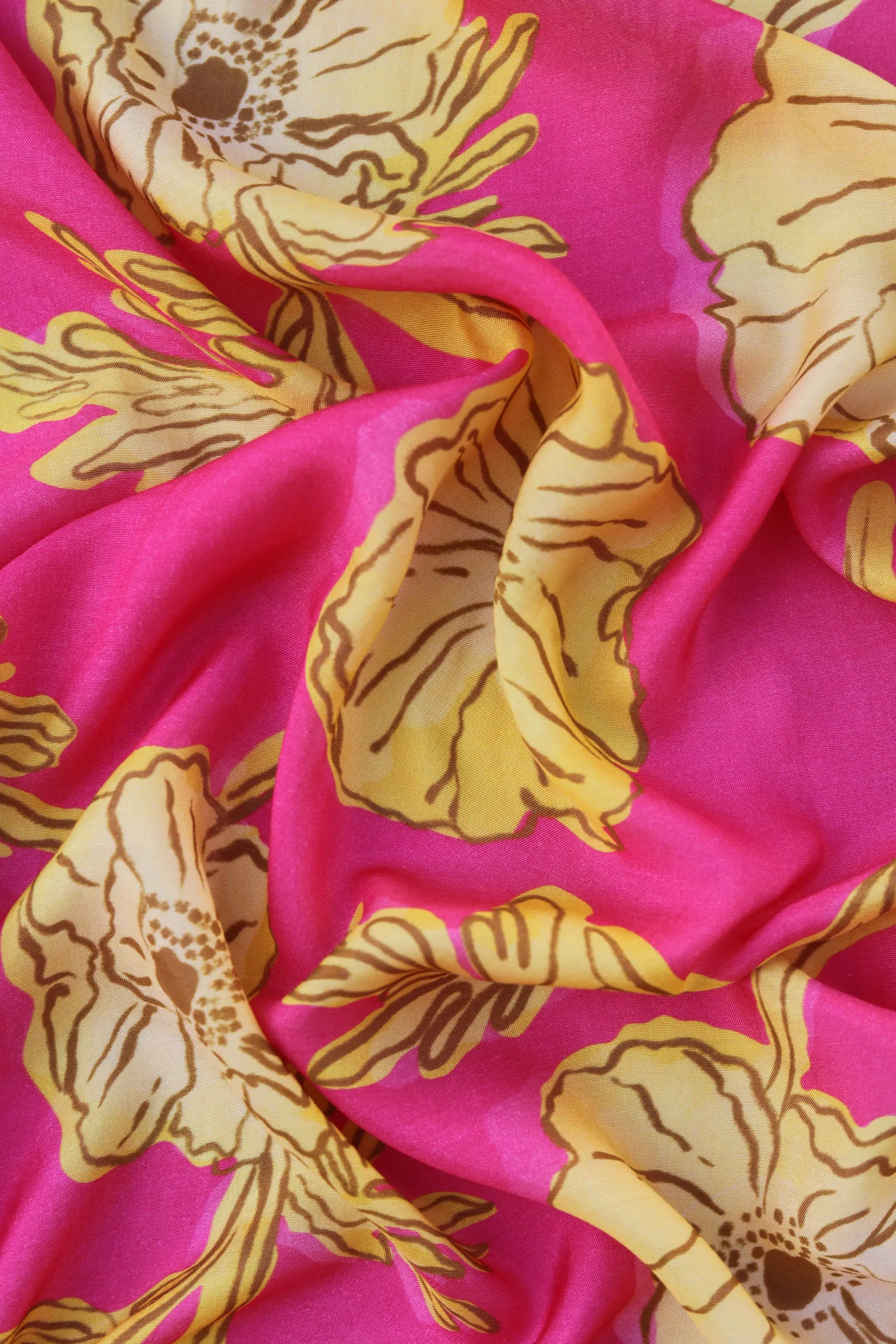 Pink Yellow Floral Pattern Printed Natural Muslin Silk Fabric