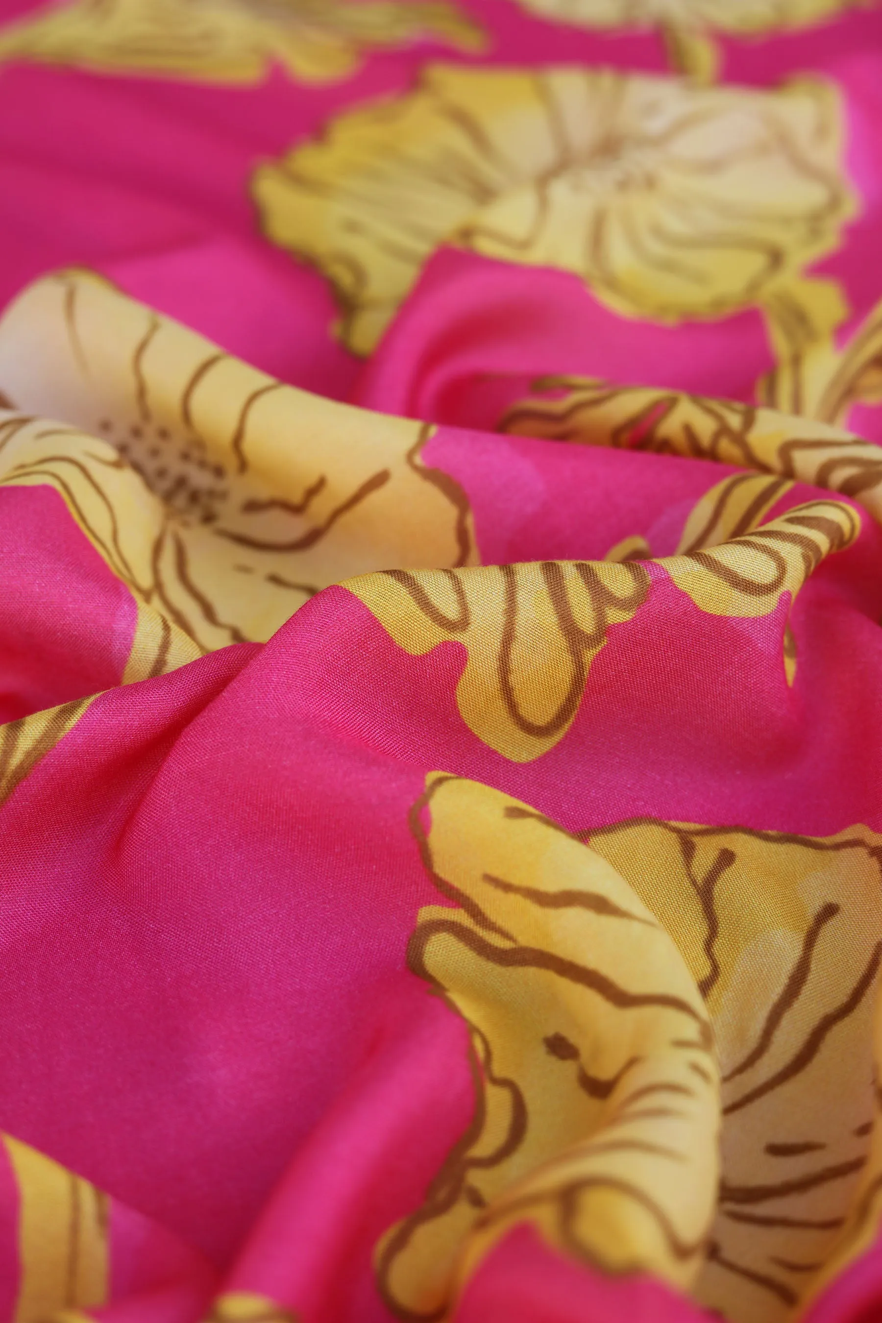 Pink Yellow Floral Pattern Printed Natural Muslin Silk Fabric