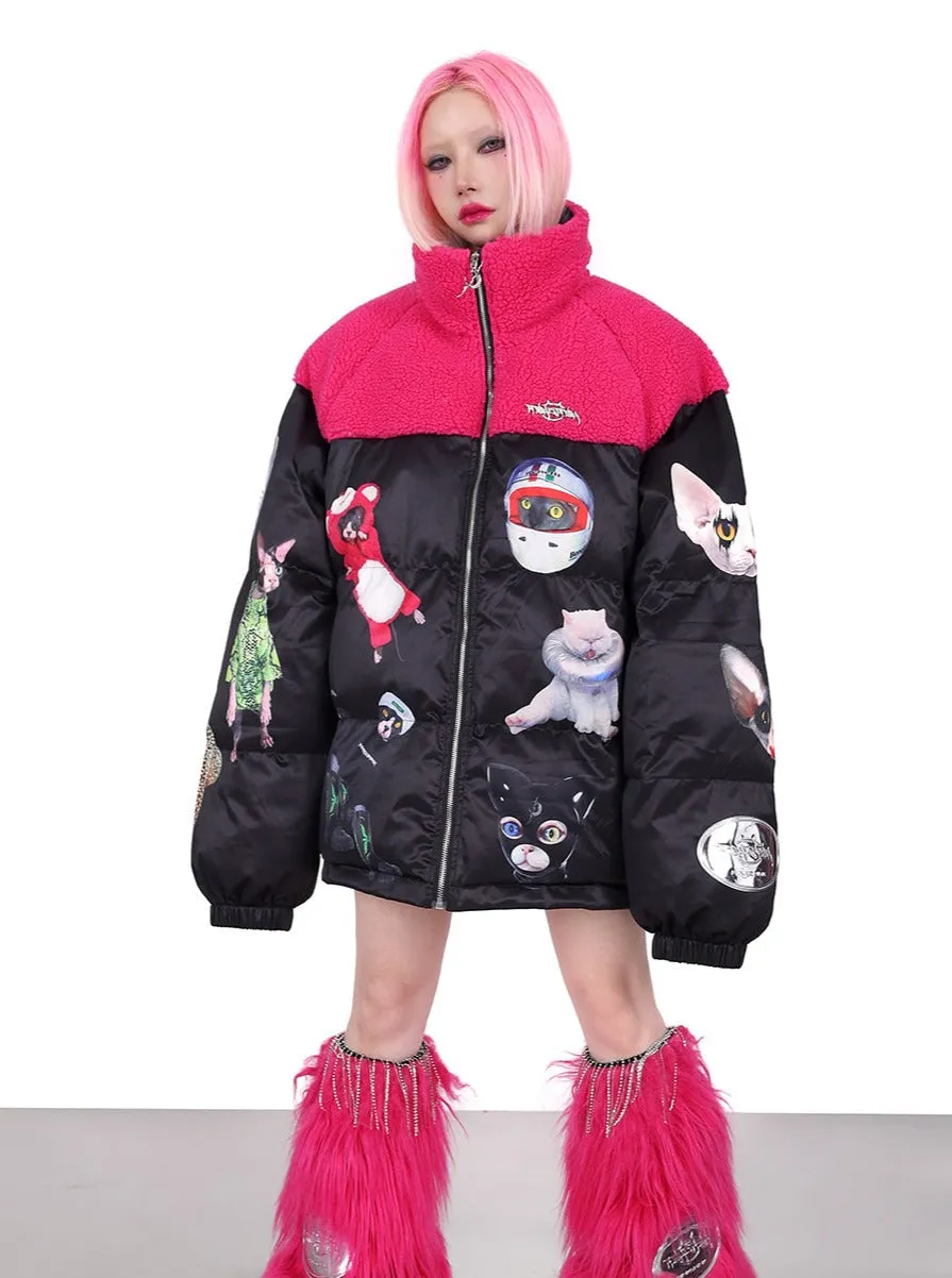 PINKSPINK Quirky Animal Collage Puffer Jacket - Black and Hot Pink