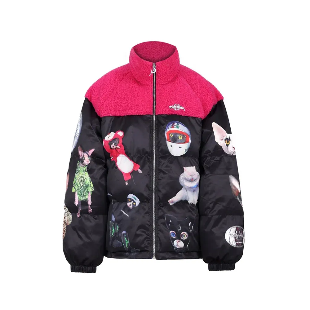 PINKSPINK Quirky Animal Collage Puffer Jacket - Black and Hot Pink