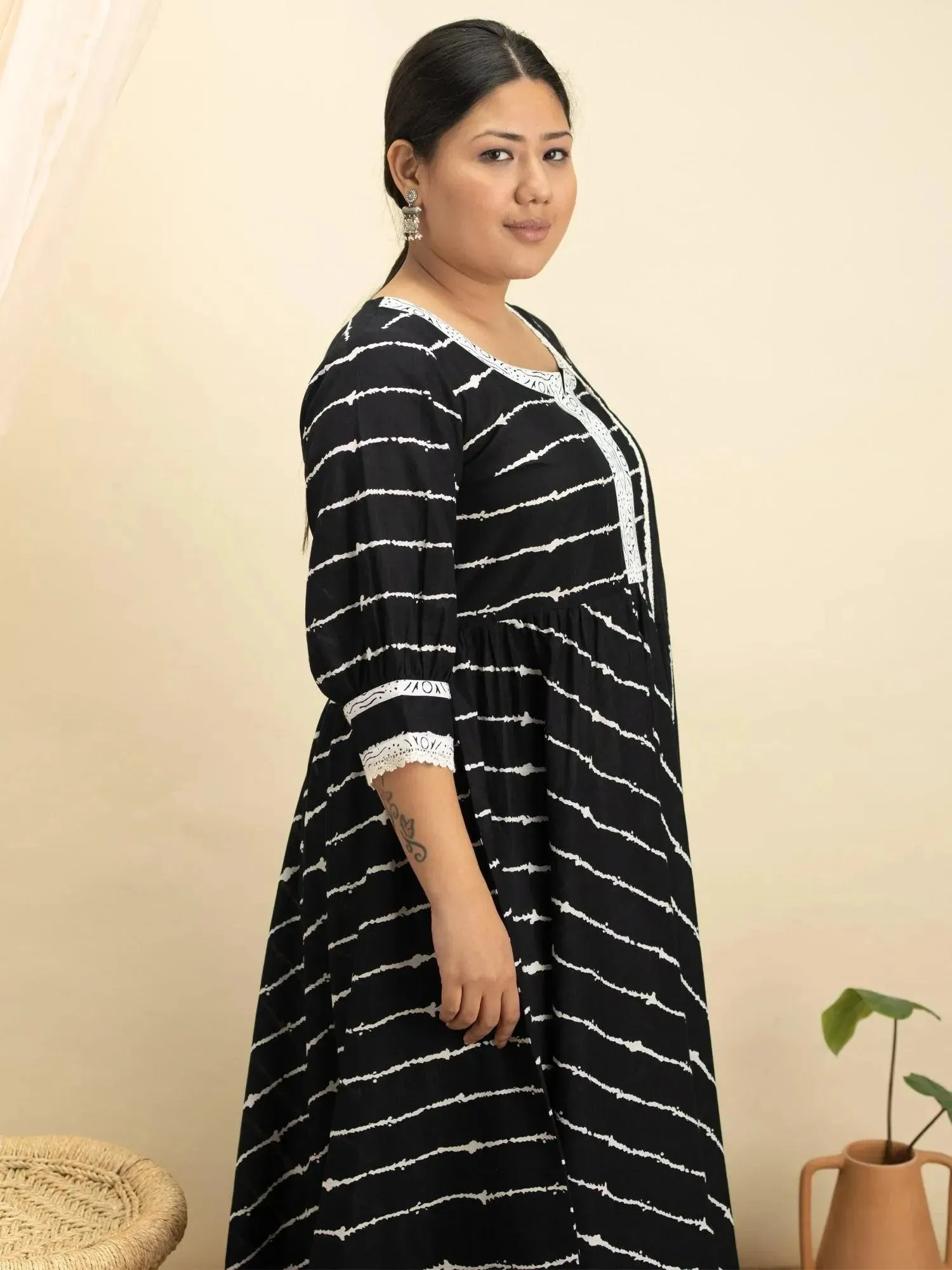 Plus Size Black Striped Cotton Anarkali Kurta With Churidar & Dupatta