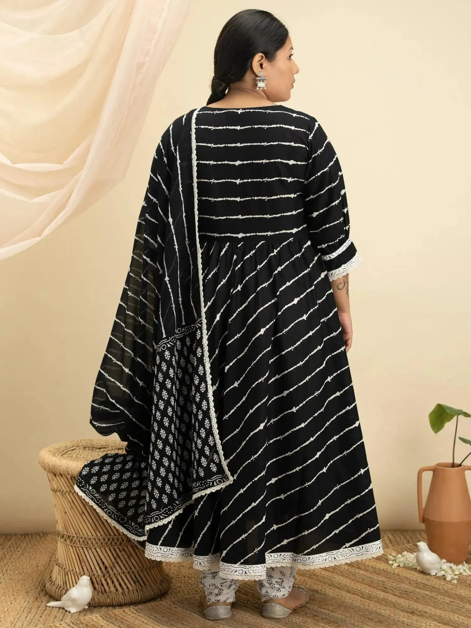 Plus Size Black Striped Cotton Anarkali Kurta With Churidar & Dupatta