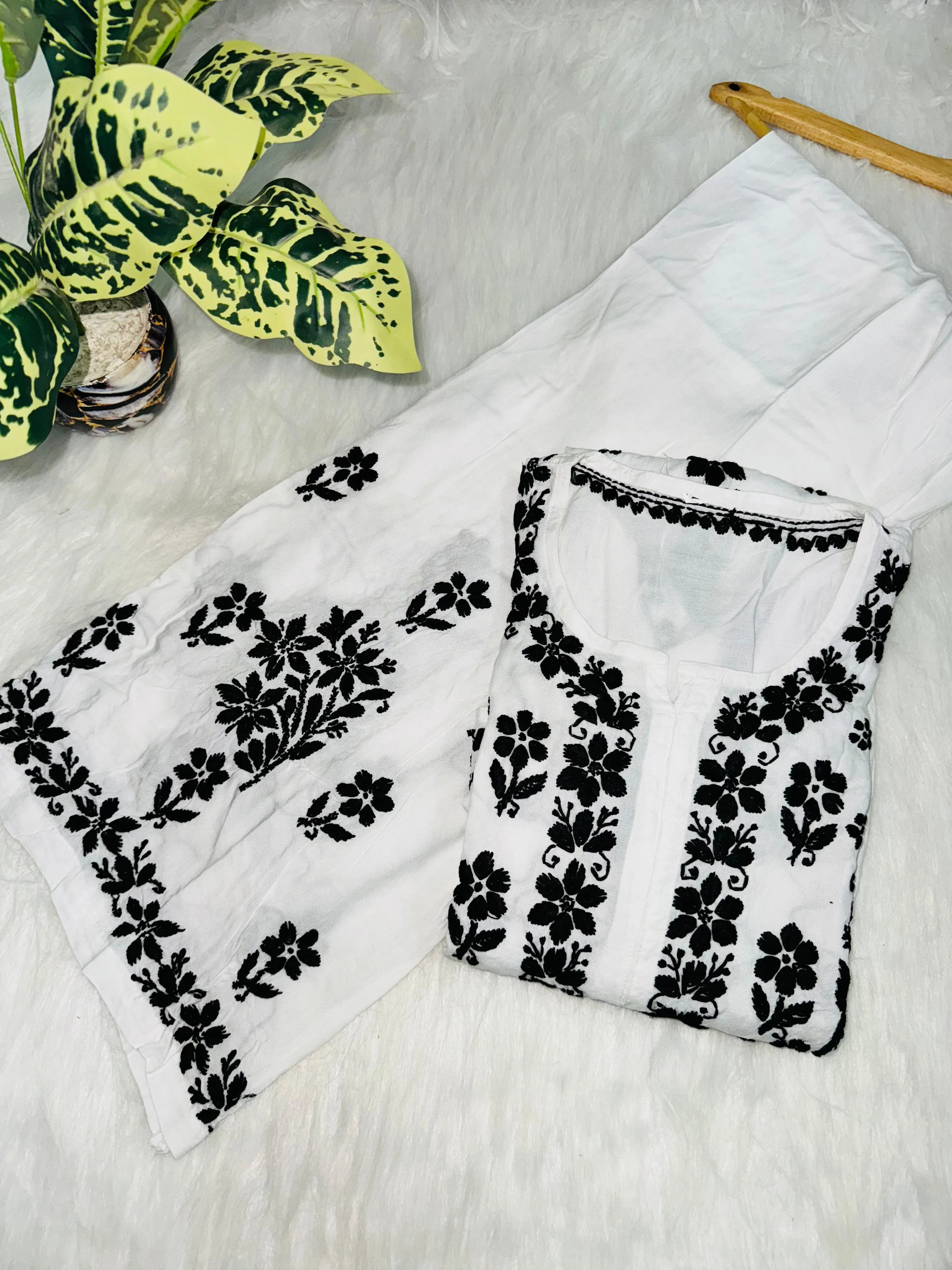 Premium White Rayon Kurti with Black Lucknow Chikankari Handwork and Pallazo Set