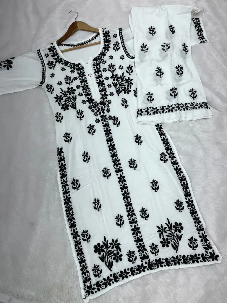 Premium White Rayon Kurti with Black Lucknow Chikankari Handwork and Pallazo Set