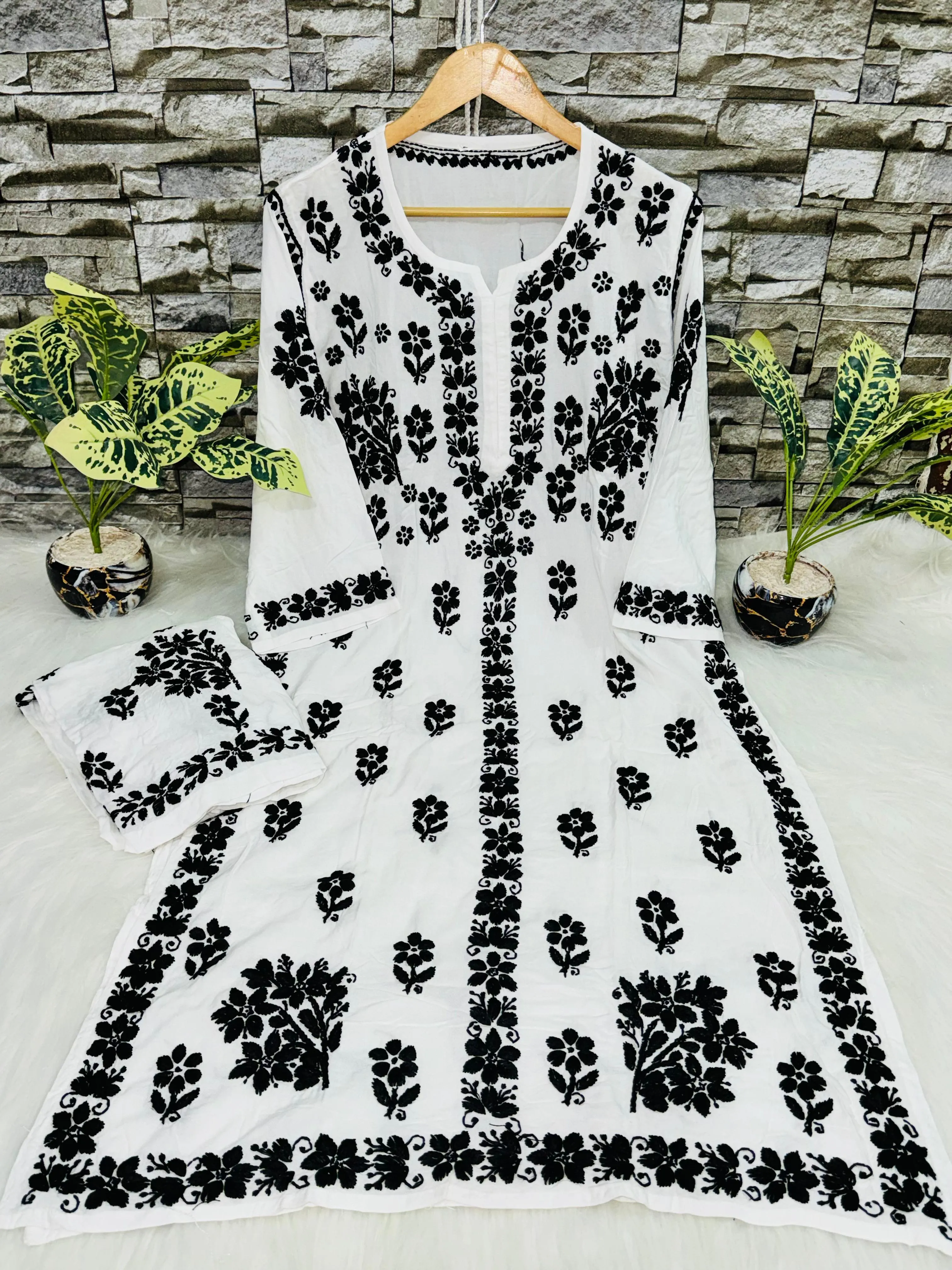 Premium White Rayon Kurti with Black Lucknow Chikankari Handwork and Pallazo Set