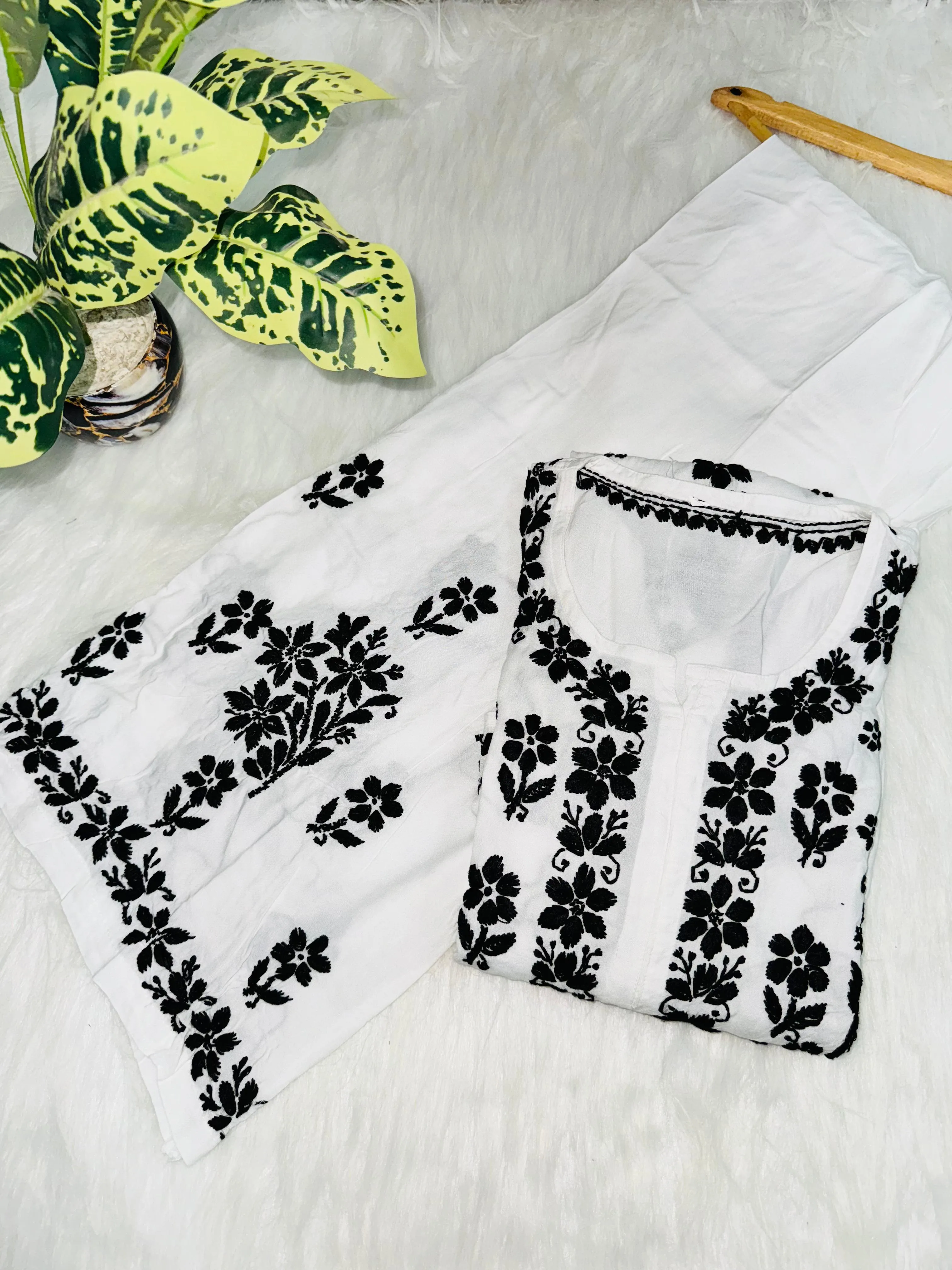 Premium White Rayon Kurti with Black Lucknow Chikankari Handwork and Pallazo Set