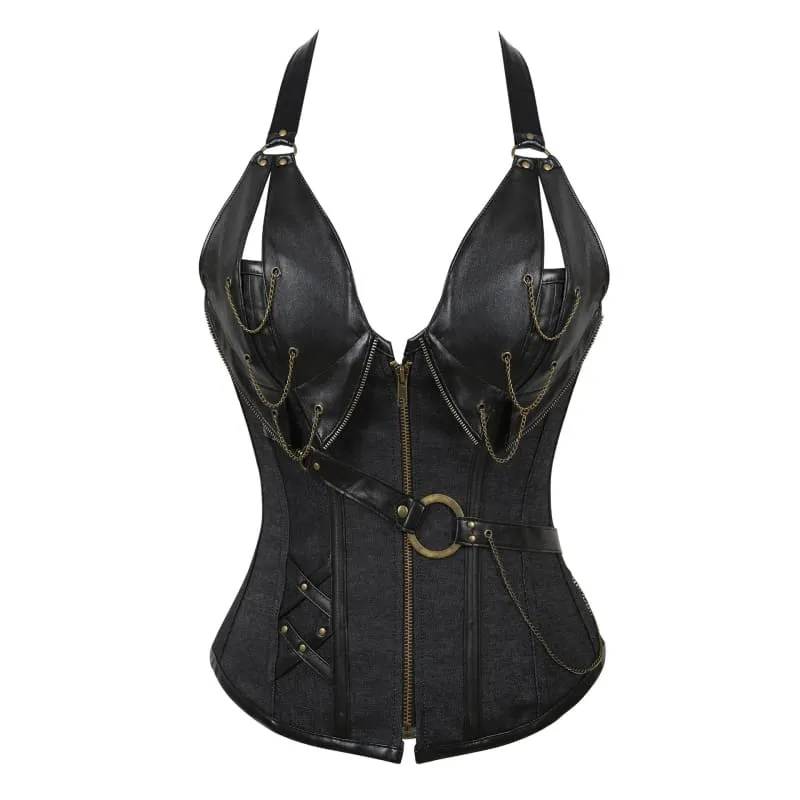 Punk Vegan Leather Corset with Belt Halter Shape in Red and Black