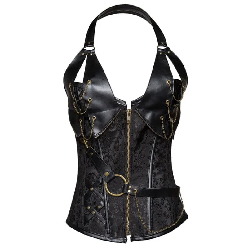 Punk Vegan Leather Corset with Belt Halter Shape in Red and Black