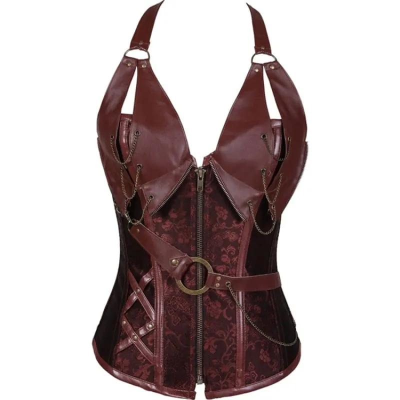 Punk Vegan Leather Corset with Belt Halter Shape in Red and Black