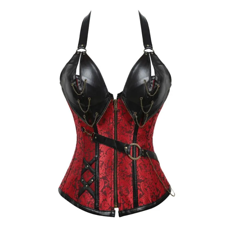 Punk Vegan Leather Corset with Belt Halter Shape in Red and Black