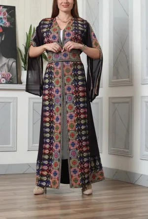 Purple And Colorful Embroidery Chiffon Open Abaya Kaftan Maxi Dress Long Split Sleeve