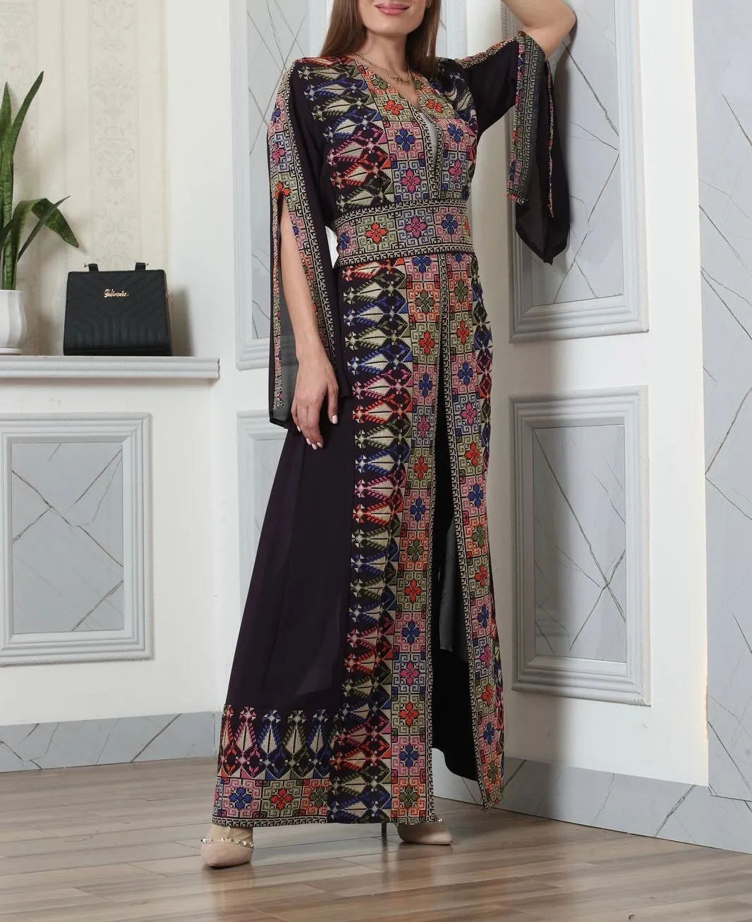 Purple And Colorful Embroidery Chiffon Open Abaya Kaftan Maxi Dress Long Split Sleeve