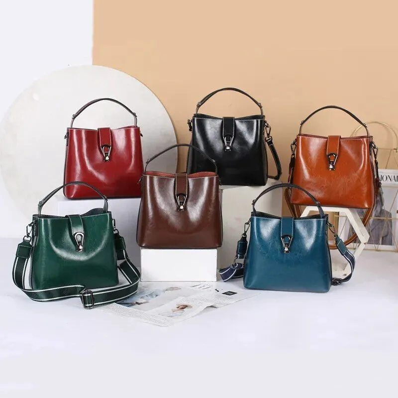 Real Oil Wax Leather Bucket Bag