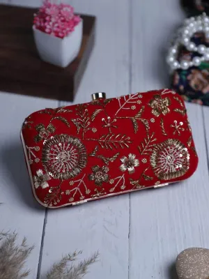 Red Synthetic Embroidered Clutch