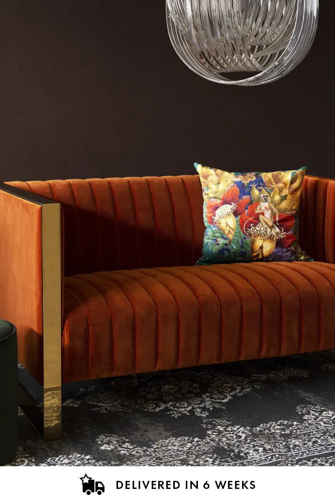 Retro 50's Style Burnt Orange Velvet 2 Seater Sofa With Gold Trim