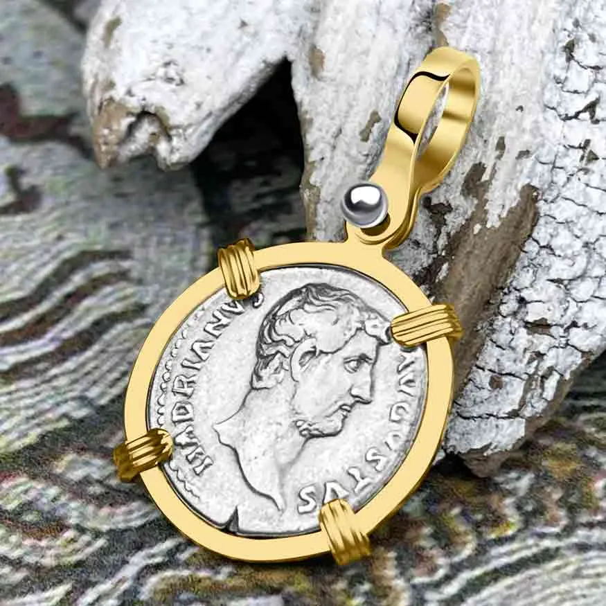 Roman Empire Silver Denarius Coin of Hadrian, the Builder 132 AD 14K Gold Pendant | Artifact #8486