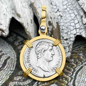 Roman Empire Silver Denarius Coin of Hadrian, the Builder 132 AD 14K Gold Pendant | Artifact #8486