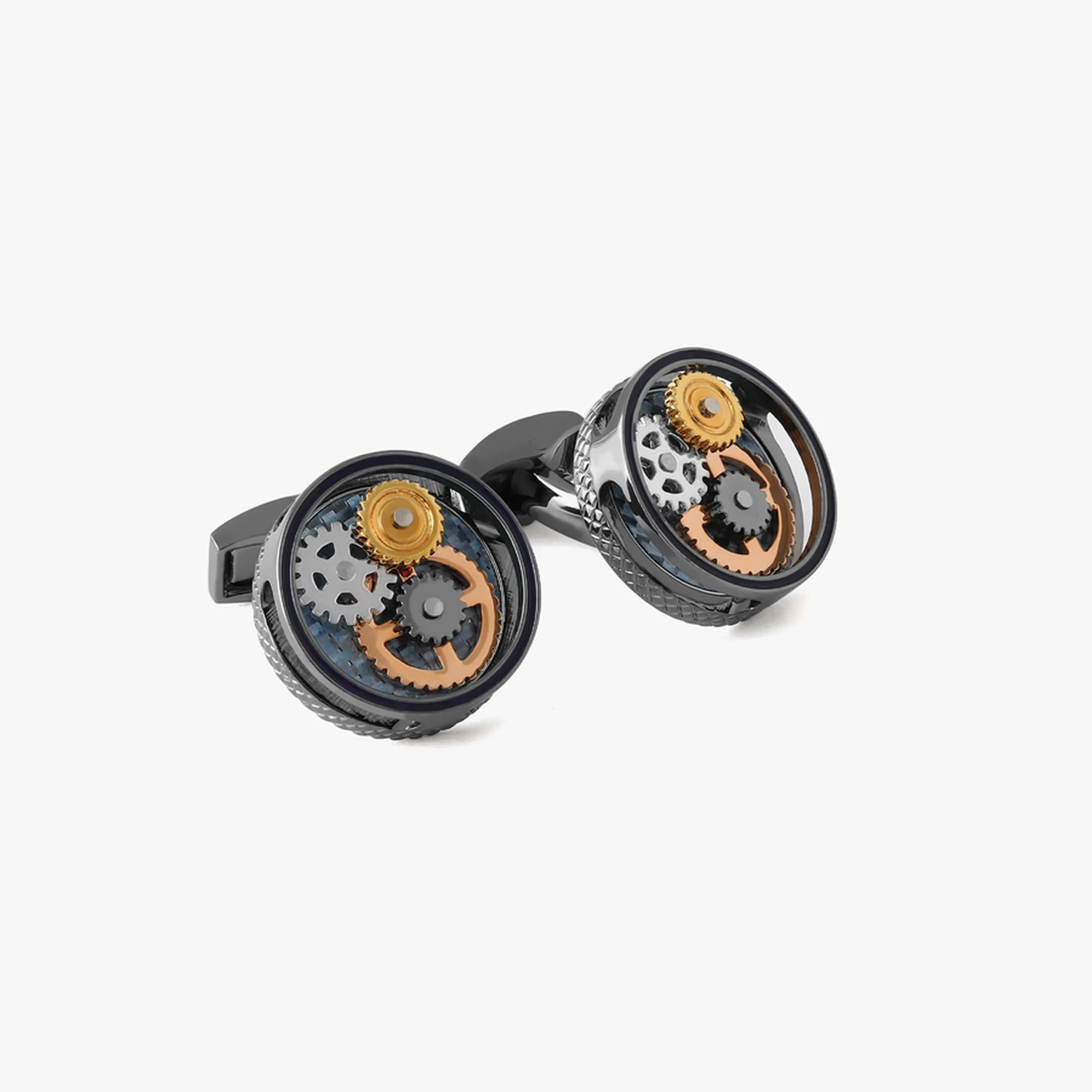 Round Gear Carbon Fibre cufflinks with gunmetal finish